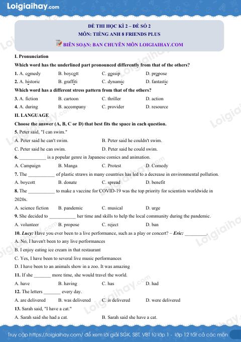 Đề thi học kì 2 Tiếng Anh 8 Friends Plus - Đề số 2